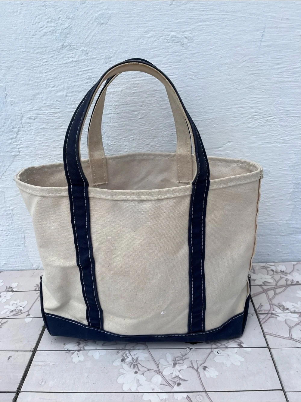 L.L. Bean Natural Canvas Tote with Navy Trim - JS Monogram